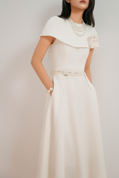Sixdo White Tweed Flared Dress With Flower